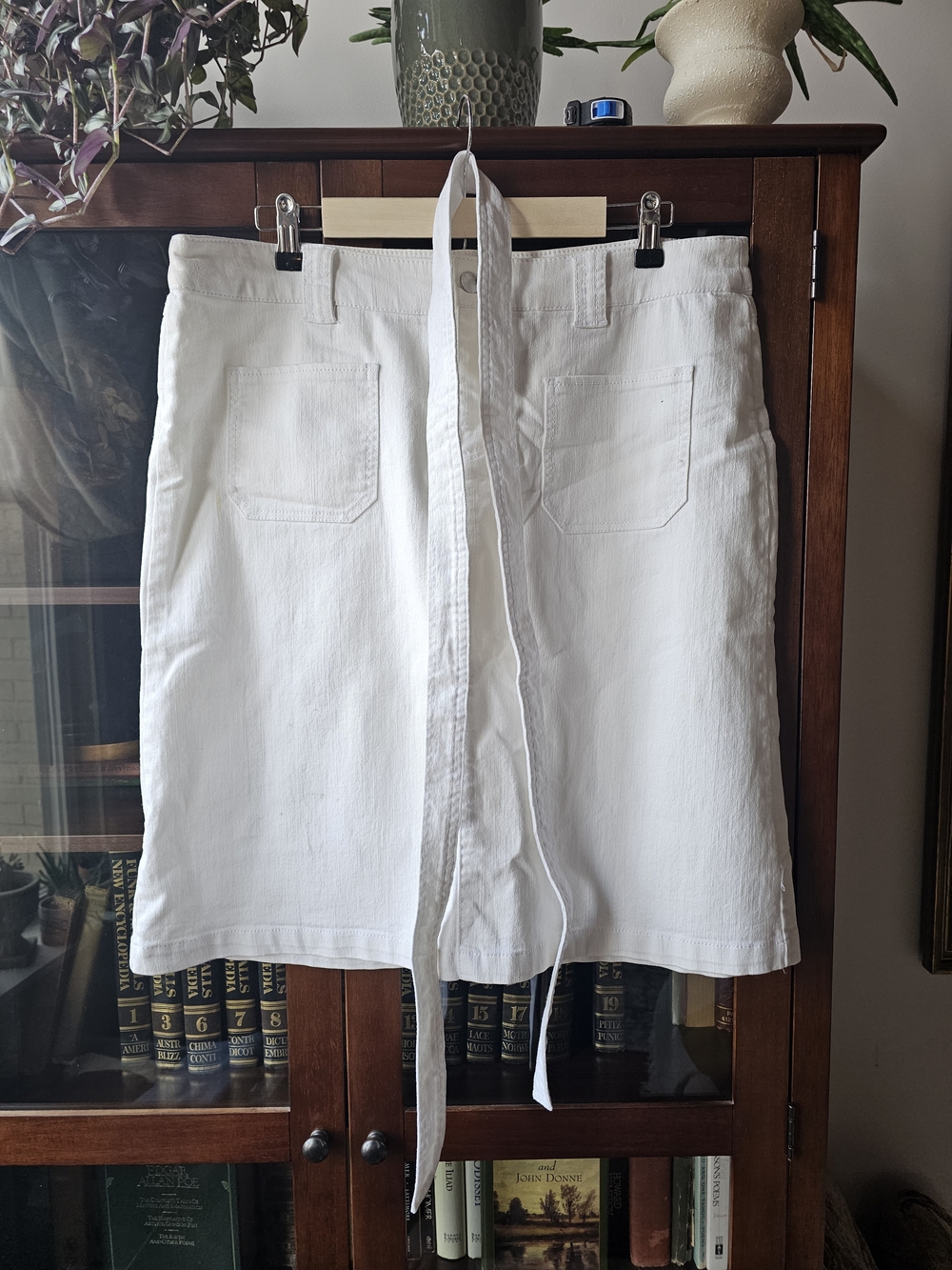 White Denim Tie-Waist Midi Skirt
